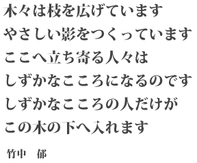 メッセージ:木々は枝を広げています。やさしい影をつくっています。ここへ立ち寄る人々は、しずかなこころになるのです。しずかなこころのひとだけが、この木の下へ入れます。